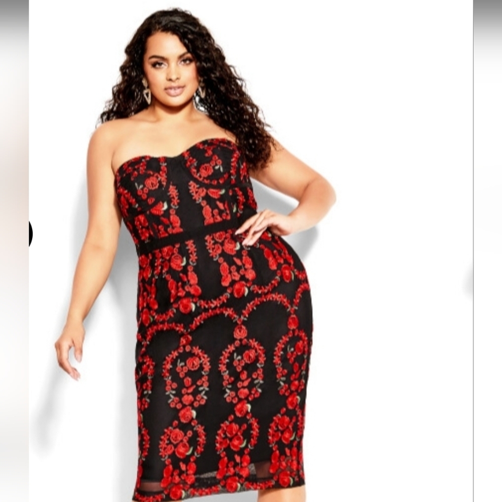 City Chic Strapless Dolce Rose Dress with Red Floral Design